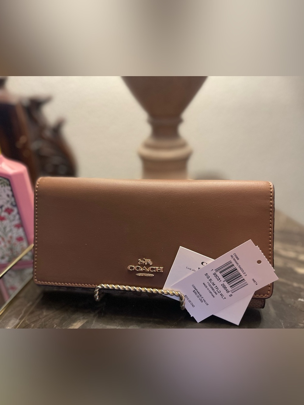 Coach Tan Leather Clutch with Gold Logo